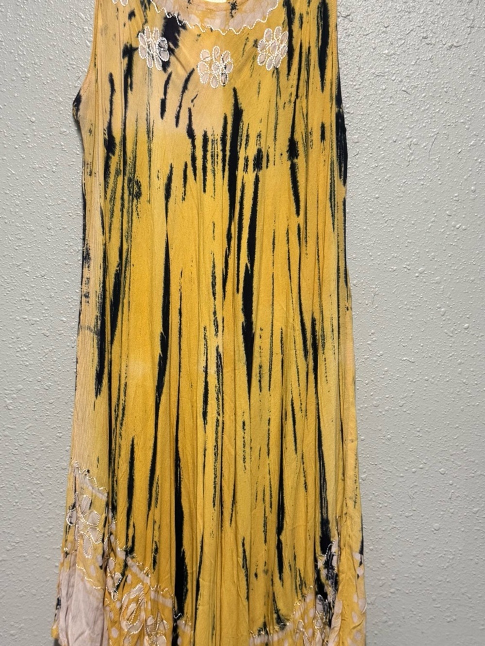 Advance Apparels Yellow and Black Tie-Dye Maxi Skirt with White Floral Trim